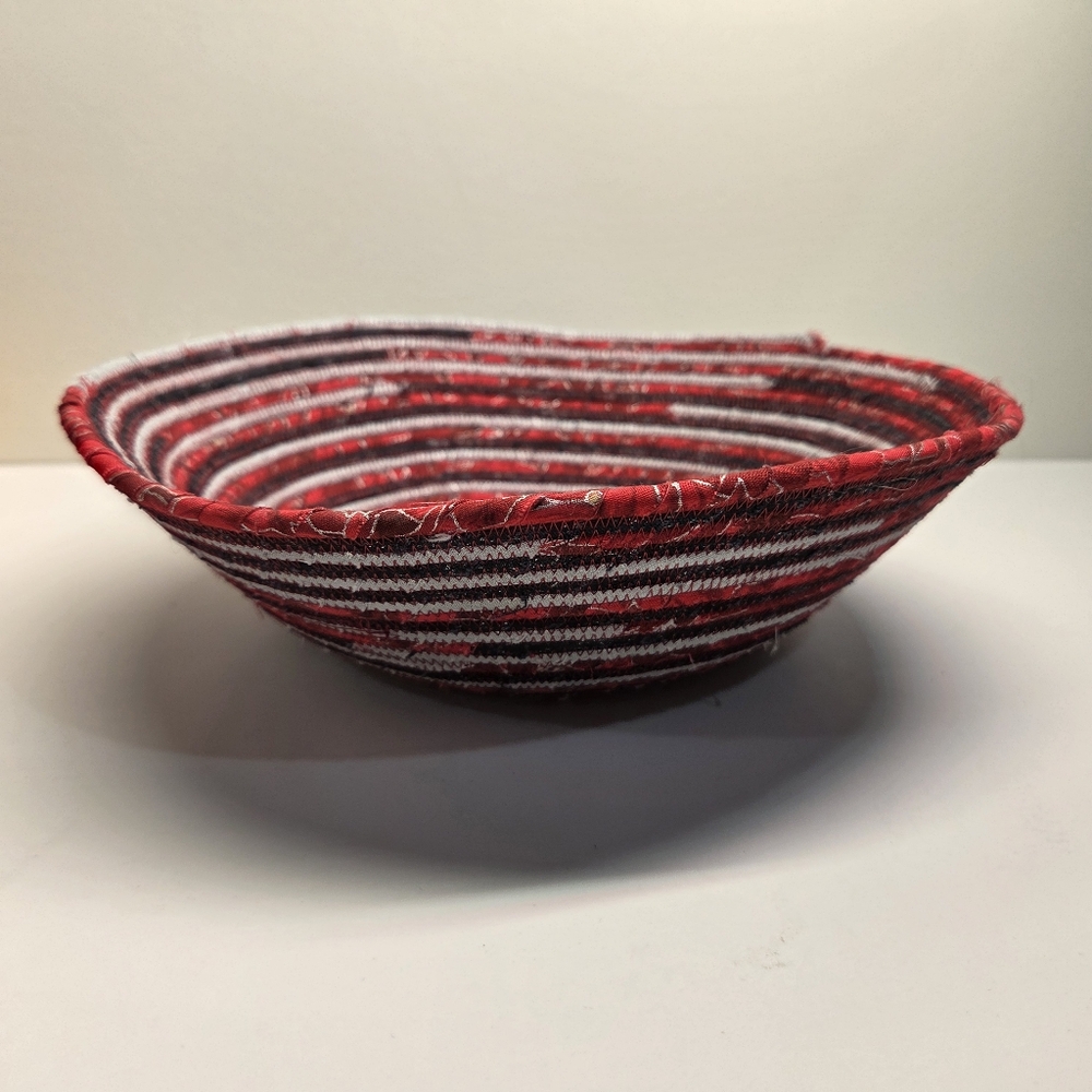 Fabric Coiled Rope Basket Handmade Storage Red Black Grey 11" Wide 3" High